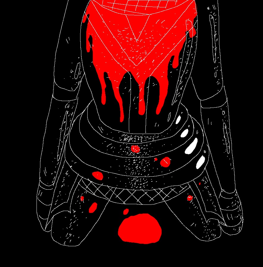 A beheaded knight on his knees, only his chest down visible. Blood spills from his neck, down his chestplate.